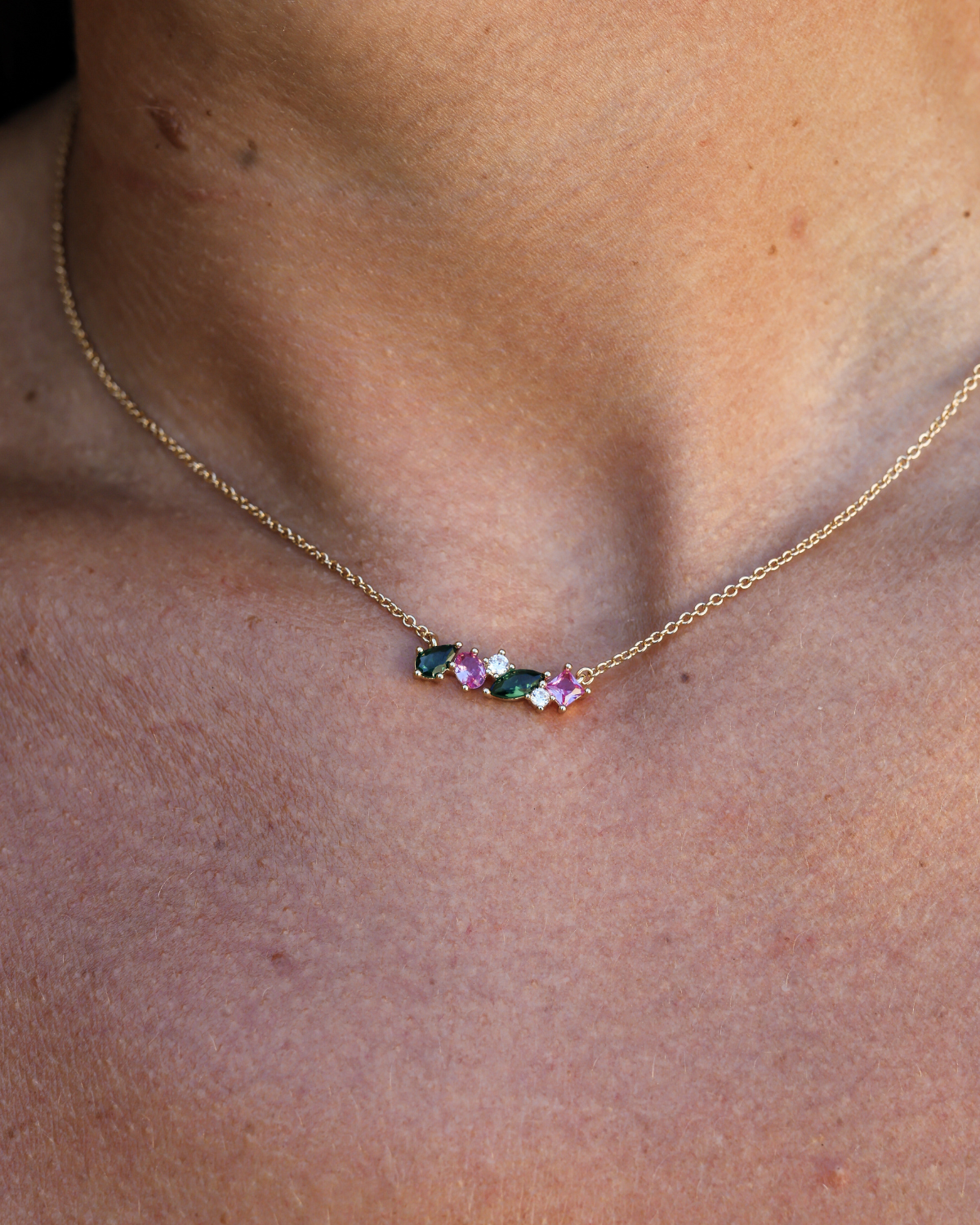 18k gold-plated necklace with colorful gemstones zirconias in pink and green